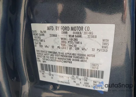2009 Ford Escape Xlt z USA, uszkodzony, nr VIN 1FMCU03799KC98765